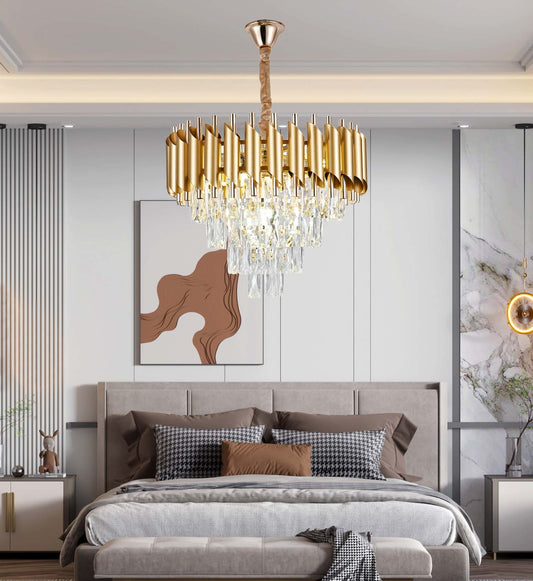 Candelabru Zemrahome, Model S89001/400, Textura Cristal, Metal, 5 X E27, Auriu