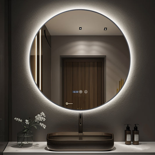 Oglinda LED si Touch, cu Functie Dezaburire si Ceas, 3 Tipuri De Lumina, 70 cm, Rama Gri, J186 Smack