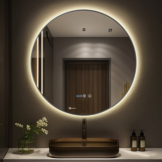 Oglinda LED si Touch, cu Functie Dezaburire si Ceas, 3 Tipuri De Lumina, 70 cm, Rama Gri, J186 Smack